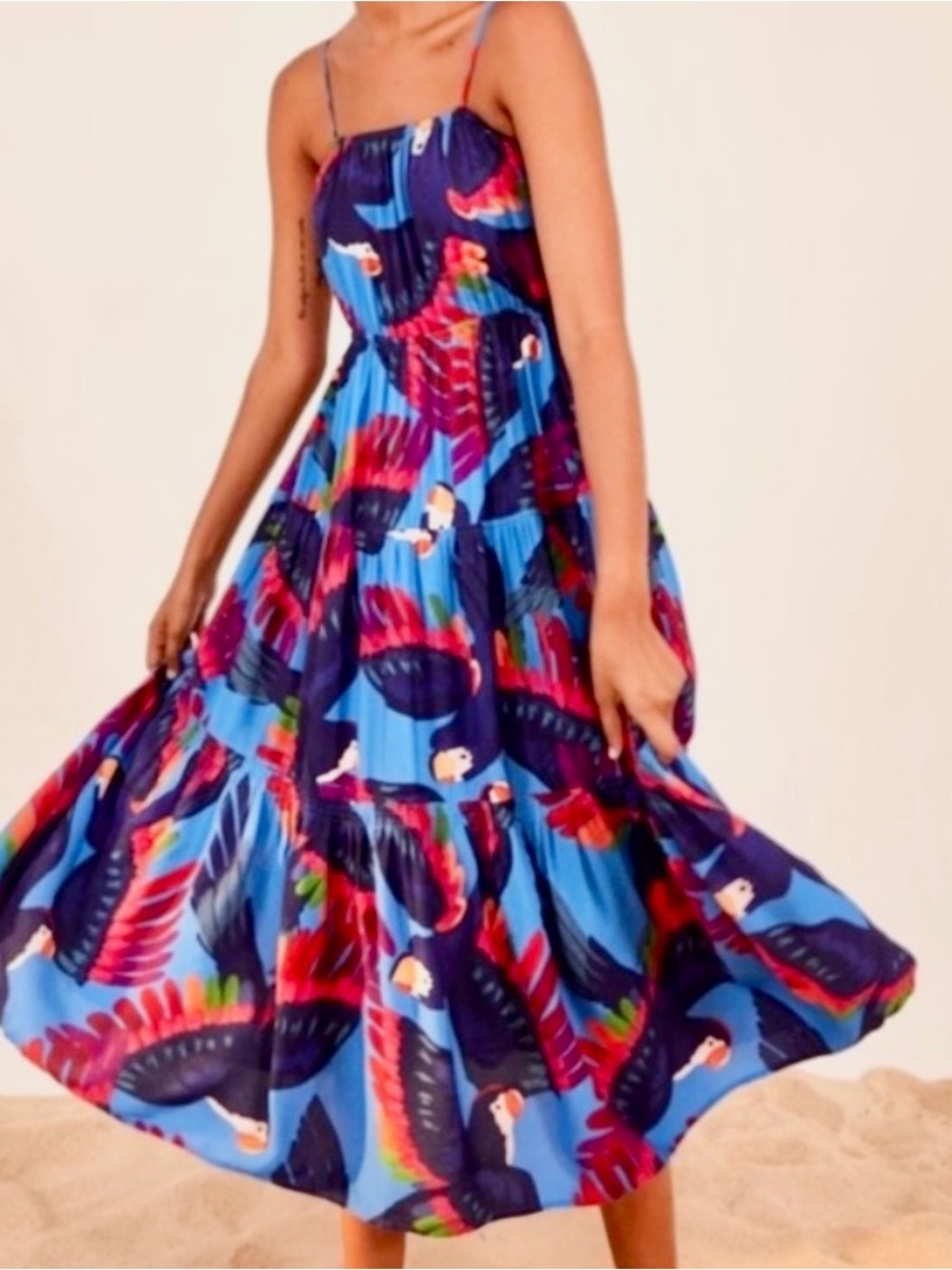FARM Rio Blue Tropical Parrot Maxi Sundress